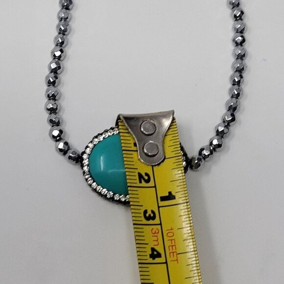 Vintage 90s Signed LUC Silver Bicone Rhinestone Faux Turquoise Oval Pendant Coll - Picture 5 of 13